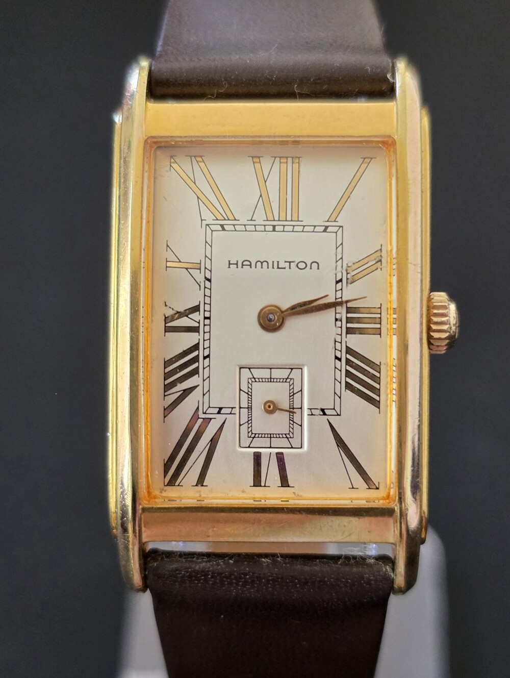 VTG Hamilton 15J No.0268 Registered Gold Tone Roman Numerals Tank Watch RUNS
